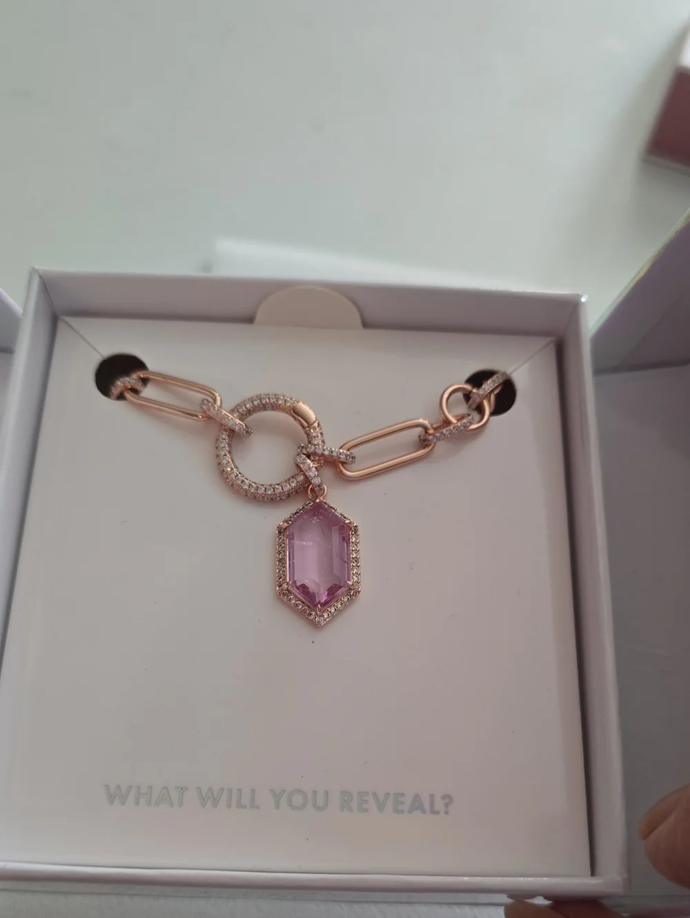 bp Rose Gold Necklace with Pink Hex Gem Pendant Color Changing Stone